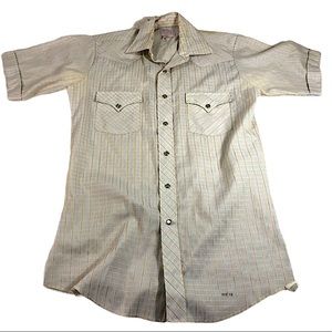 H Bar C Ranchwear 📌 medium yellow & blue striped pearl snap short sleeve shirt